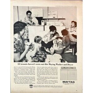 Maytag Washer & Dryer "52 Tenants could not wear them out" Vtg Print Ad 1964